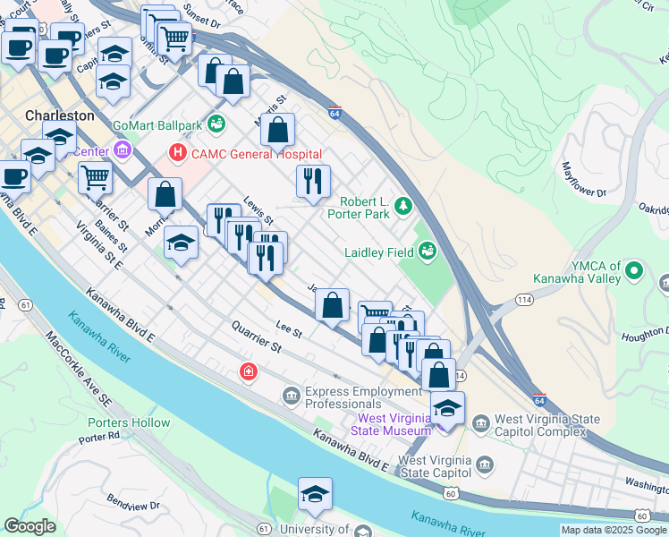 map of restaurants, bars, coffee shops, grocery stores, and more near 1531 Ruffner Ave in Charleston
