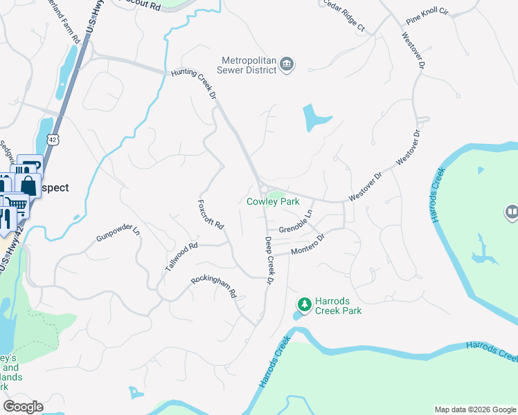 map of restaurants, bars, coffee shops, grocery stores, and more near 6726 Deep Creek Drive in Prospect