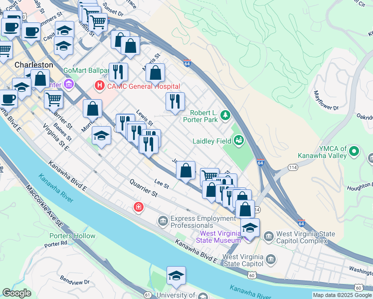 map of restaurants, bars, coffee shops, grocery stores, and more near 1531 Ruffner Ave in Charleston