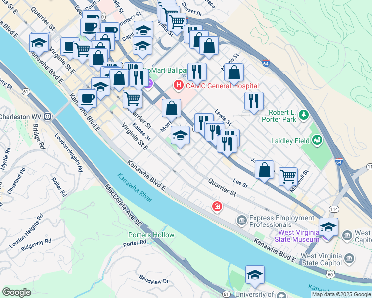 map of restaurants, bars, coffee shops, grocery stores, and more near 112 Maple Terrace in Charleston