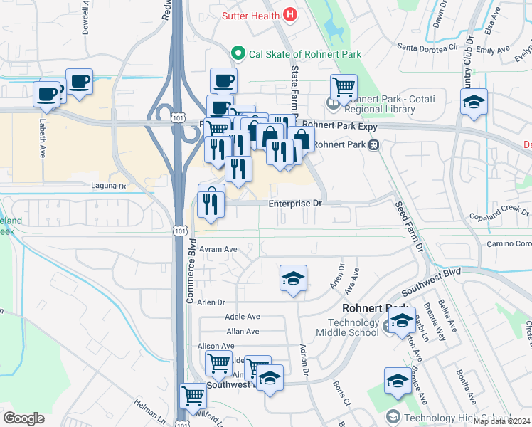 map of restaurants, bars, coffee shops, grocery stores, and more near 221 Enterprise Drive in Rohnert Park