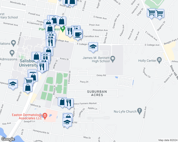 map of restaurants, bars, coffee shops, grocery stores, and more near 132 Cedar Crossing Road in Salisbury