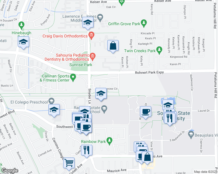 map of restaurants, bars, coffee shops, grocery stores, and more near 1450 Jasmine Circle in Rohnert Park