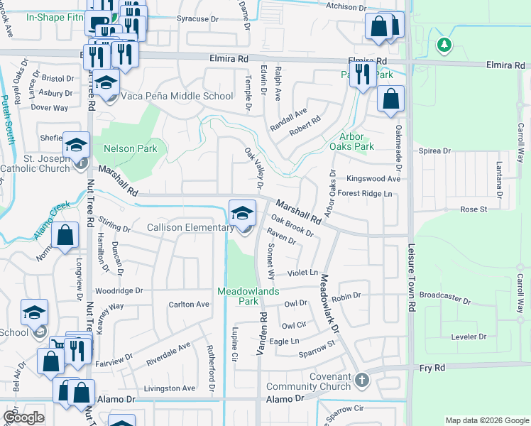 map of restaurants, bars, coffee shops, grocery stores, and more near Oak Brook Dr & Oak Brook Ct in Vacaville