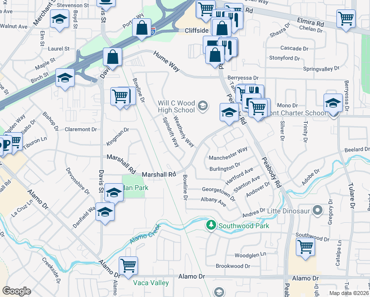 map of restaurants, bars, coffee shops, grocery stores, and more near 385 Weatherly Way in Vacaville