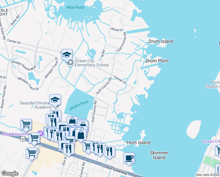map of restaurants, bars, coffee shops, grocery stores, and more near 10222 Golf Course Road in Ocean City