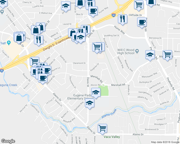 map of restaurants, bars, coffee shops, grocery stores, and more near 965A Davis Street in Vacaville