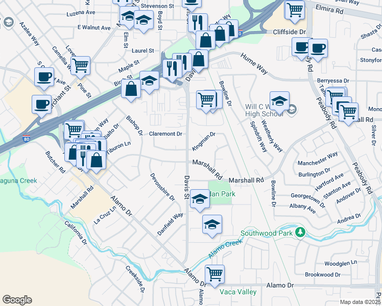 map of restaurants, bars, coffee shops, grocery stores, and more near 965A Davis Street in Vacaville