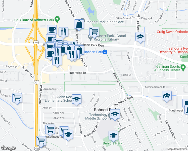 map of restaurants, bars, coffee shops, grocery stores, and more near 605 Enterprise Drive in Rohnert Park