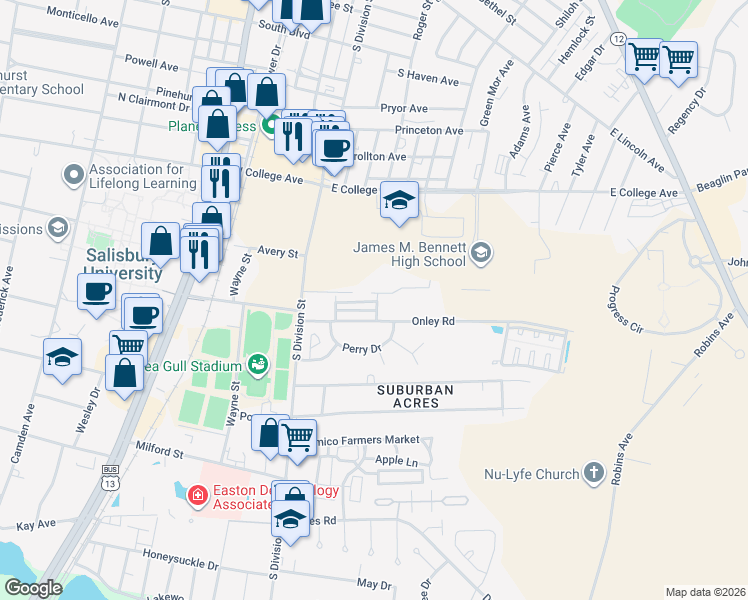 map of restaurants, bars, coffee shops, grocery stores, and more near 203 Cedar Crossing in Salisbury