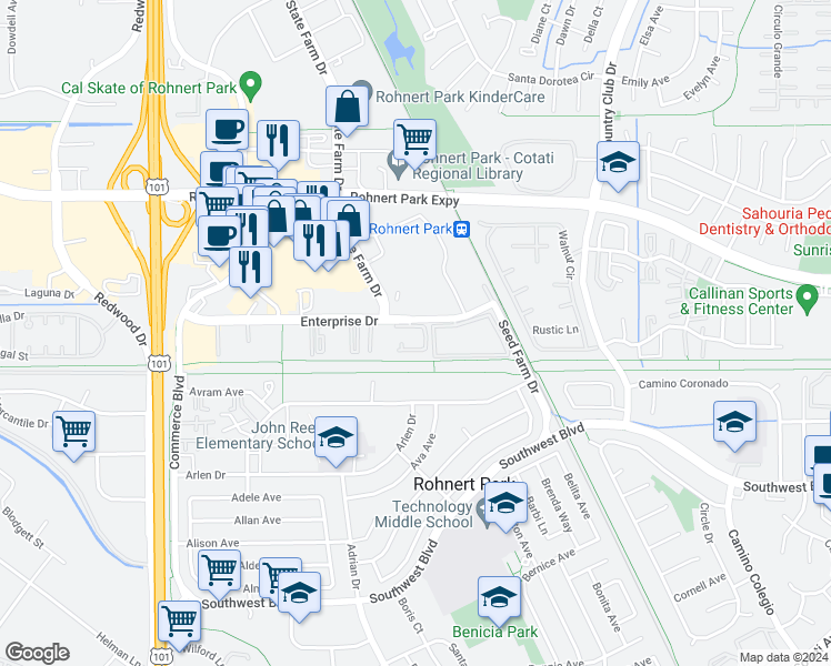 map of restaurants, bars, coffee shops, grocery stores, and more near 605 Enterprise Drive in Rohnert Park