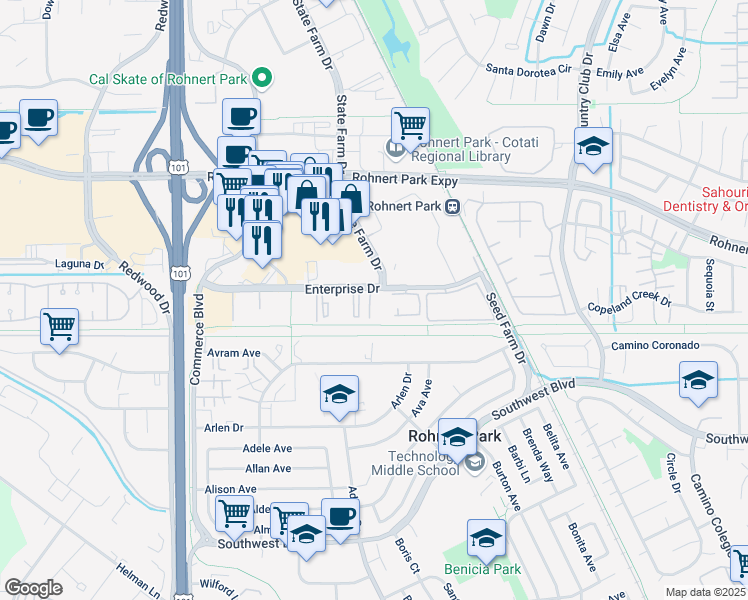 map of restaurants, bars, coffee shops, grocery stores, and more near 463 Enterprise Drive in Rohnert Park