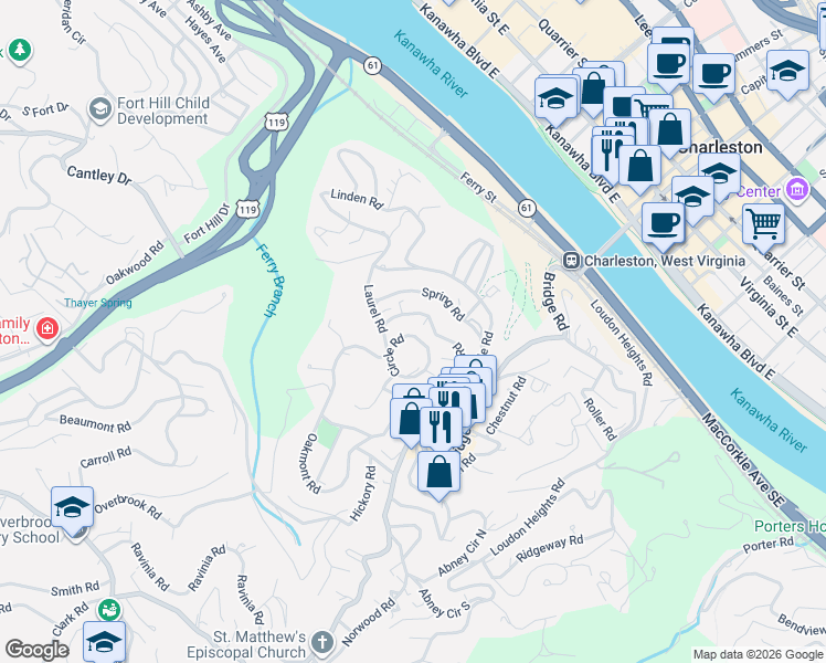 map of restaurants, bars, coffee shops, grocery stores, and more near 909 Ridgemont Rd in Charleston