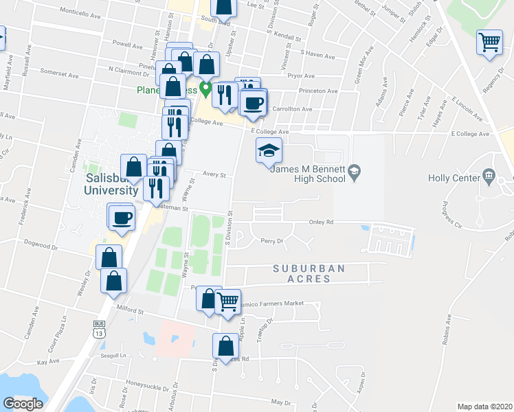 map of restaurants, bars, coffee shops, grocery stores, and more near 113 Cedar Crossing in Salisbury
