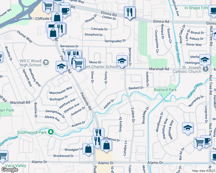 map of restaurants, bars, coffee shops, grocery stores, and more near 555 Trinity Drive in Vacaville