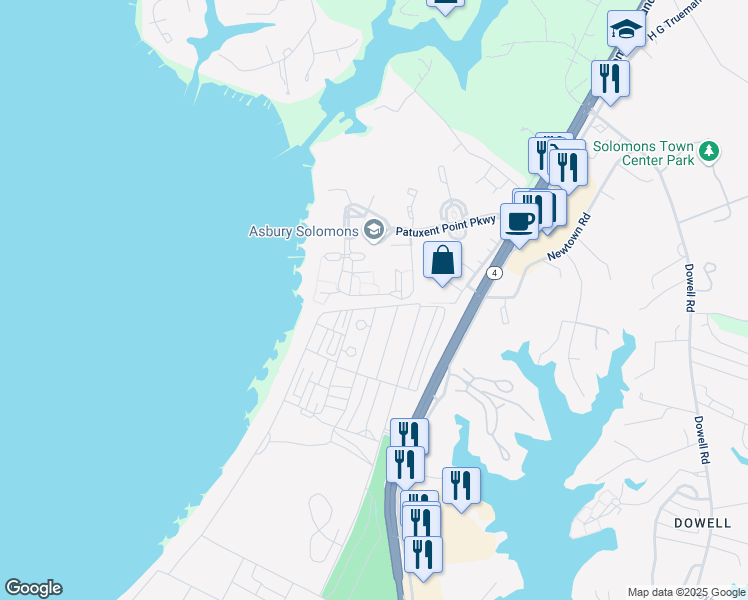 map of restaurants, bars, coffee shops, grocery stores, and more near 178 Asbury Circle in Solomons