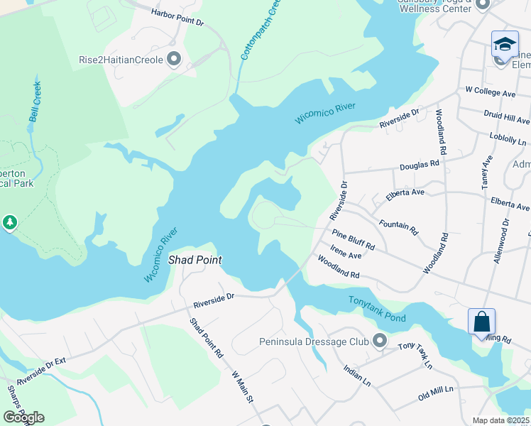 map of restaurants, bars, coffee shops, grocery stores, and more near 1514 Riverside Drive in Salisbury