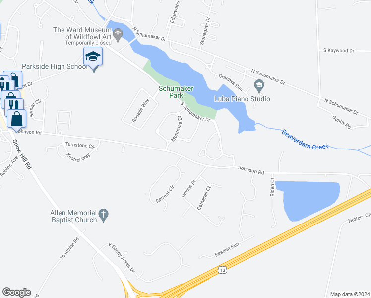 map of restaurants, bars, coffee shops, grocery stores, and more near 915 Aberdeen Road in Salisbury