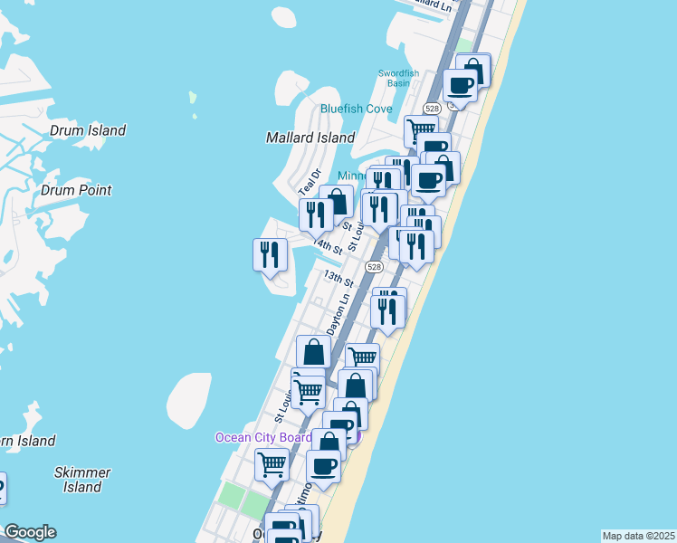 map of restaurants, bars, coffee shops, grocery stores, and more near 1 13th Street in Ocean City