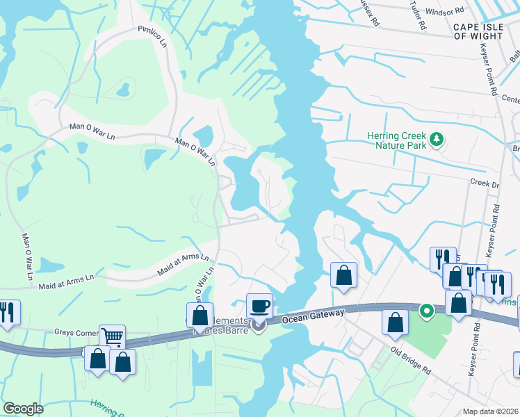 map of restaurants, bars, coffee shops, grocery stores, and more near 12 Boat Slip Glenriddle Marina in Berlin
