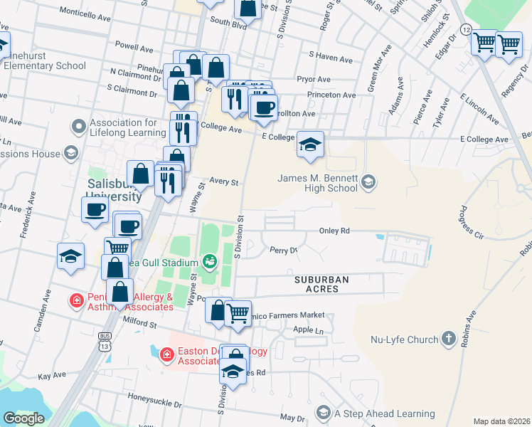 map of restaurants, bars, coffee shops, grocery stores, and more near 113 Cedar Crossing in Salisbury