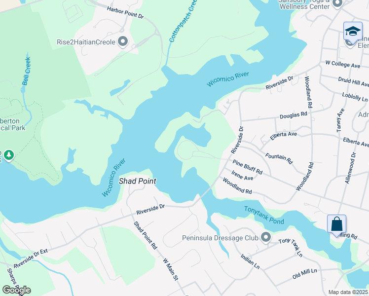 map of restaurants, bars, coffee shops, grocery stores, and more near 1514 Riverside Drive in Salisbury