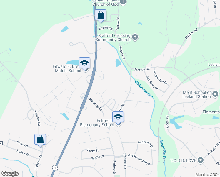 map of restaurants, bars, coffee shops, grocery stores, and more near 1218 Thomas Jefferson Place in Fredericksburg