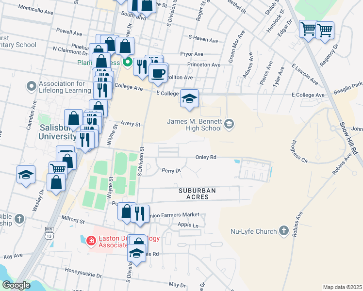 map of restaurants, bars, coffee shops, grocery stores, and more near 134 Cedar Crossing Road in Salisbury