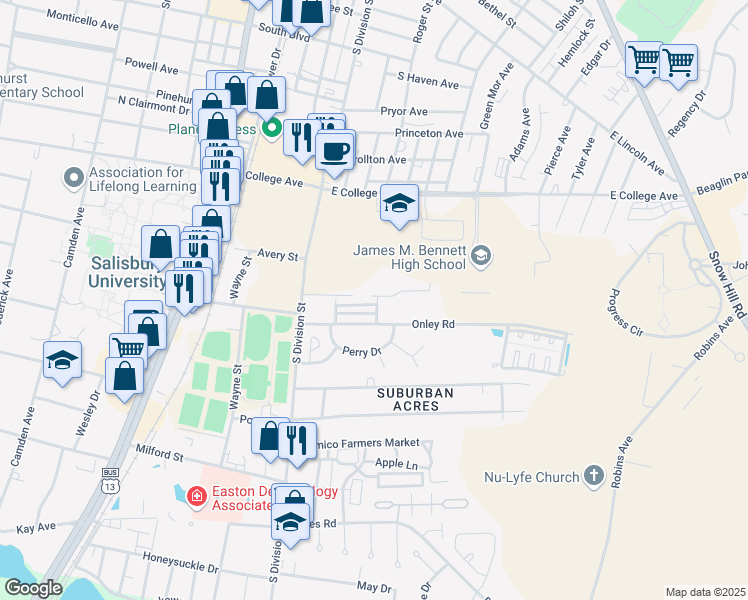 map of restaurants, bars, coffee shops, grocery stores, and more near 131 Cedar Crossing in Salisbury