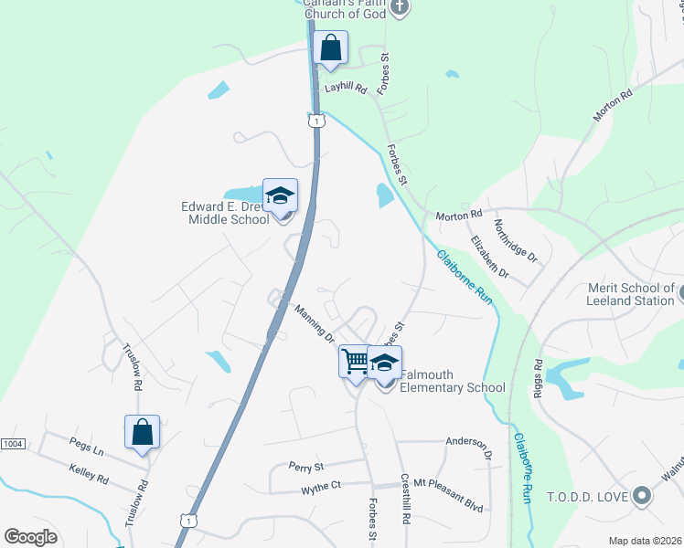 map of restaurants, bars, coffee shops, grocery stores, and more near 1236 Thomas Jefferson Place in Fredericksburg
