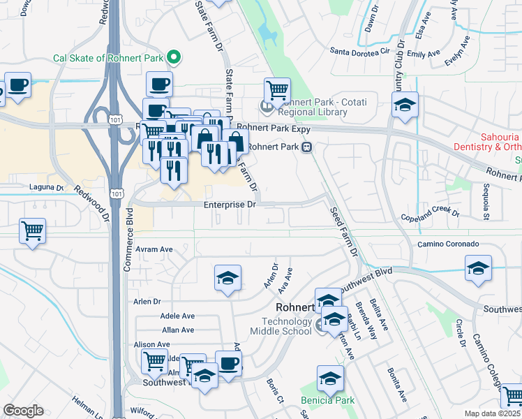map of restaurants, bars, coffee shops, grocery stores, and more near 451 Enterprise Drive in Rohnert Park