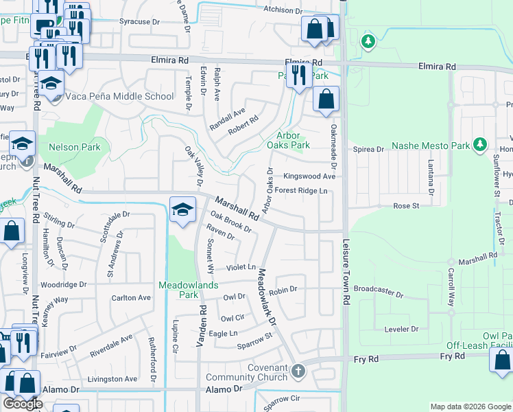 map of restaurants, bars, coffee shops, grocery stores, and more near 913 Cedar Brook Lane in Vacaville