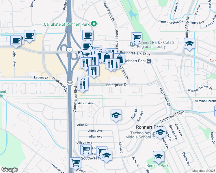 map of restaurants, bars, coffee shops, grocery stores, and more near 297 Enterprise Drive in Rohnert Park