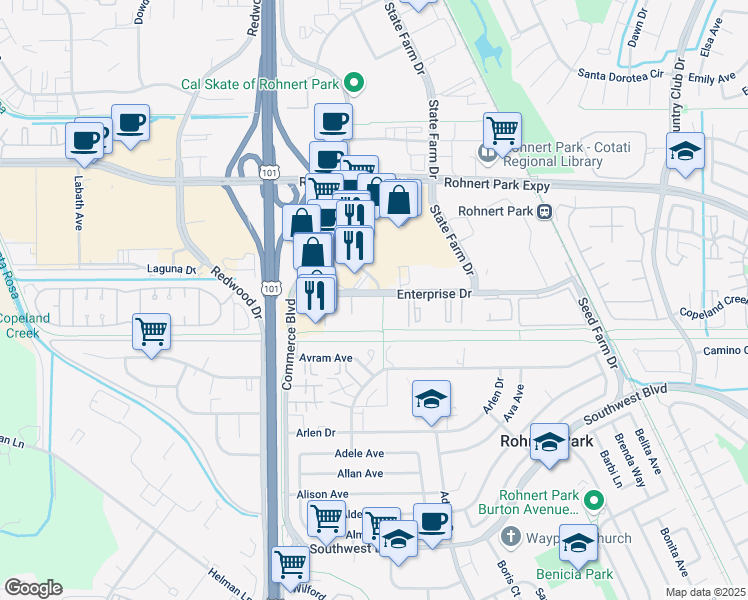 map of restaurants, bars, coffee shops, grocery stores, and more near 211 Enterprise Drive in Rohnert Park