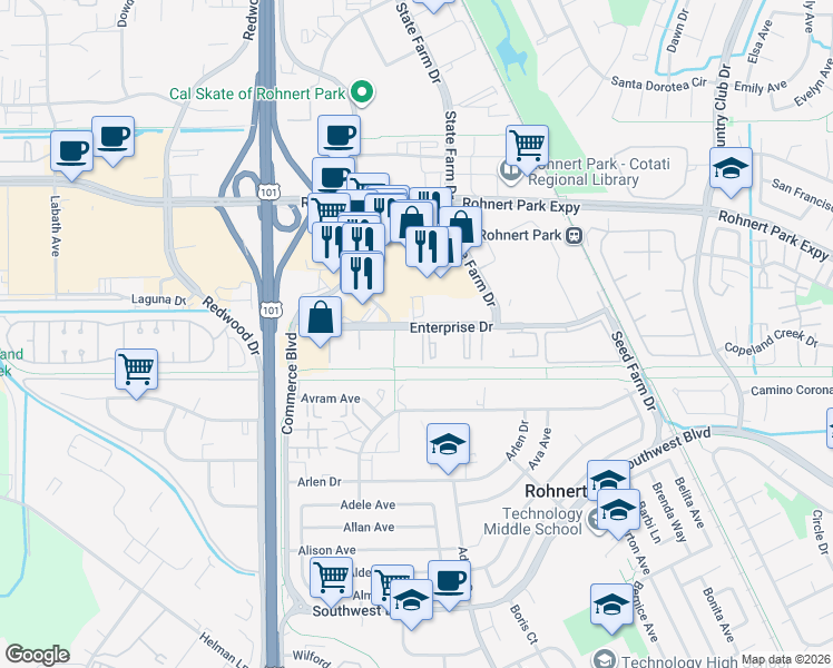 map of restaurants, bars, coffee shops, grocery stores, and more near 295 Enterprise Drive in Rohnert Park