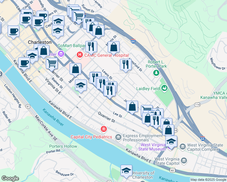 map of restaurants, bars, coffee shops, grocery stores, and more near Ruffner Avenue & Jackson Street in Charleston