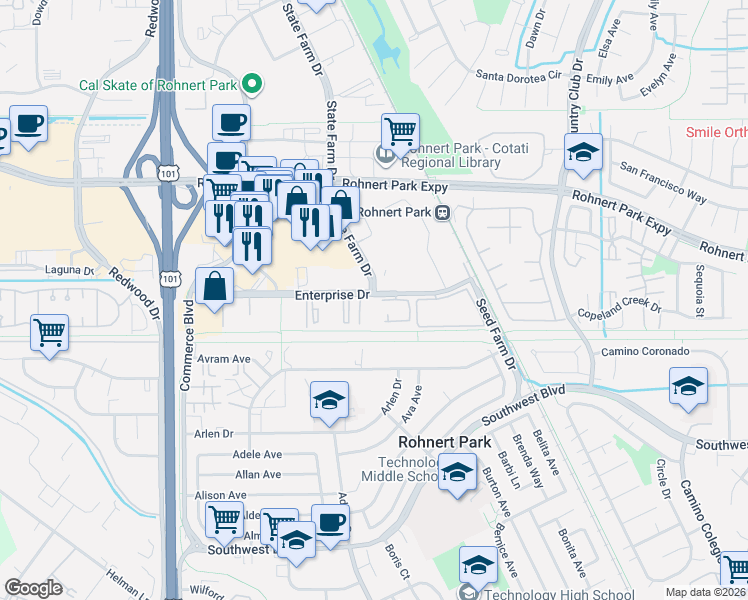 map of restaurants, bars, coffee shops, grocery stores, and more near 463 Enterprise Drive in Rohnert Park