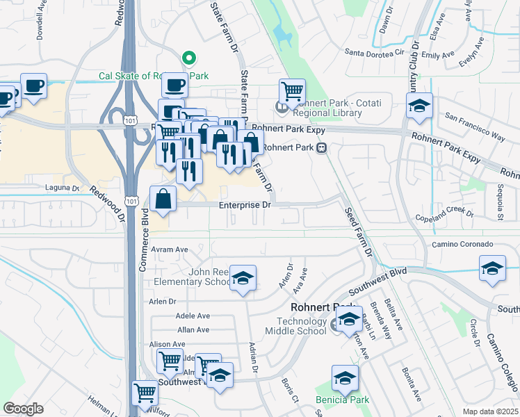 map of restaurants, bars, coffee shops, grocery stores, and more near 355 Enterprise Drive in Rohnert Park