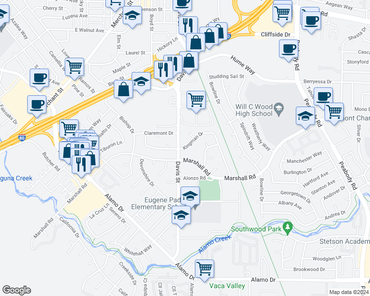 map of restaurants, bars, coffee shops, grocery stores, and more near Kingman Drive in Vacaville