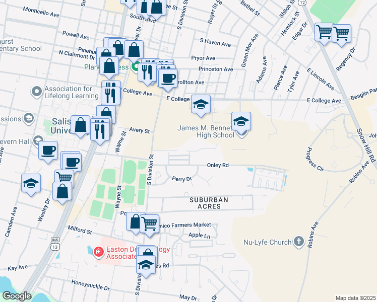 map of restaurants, bars, coffee shops, grocery stores, and more near 134 Cedar Crossing Road in Salisbury