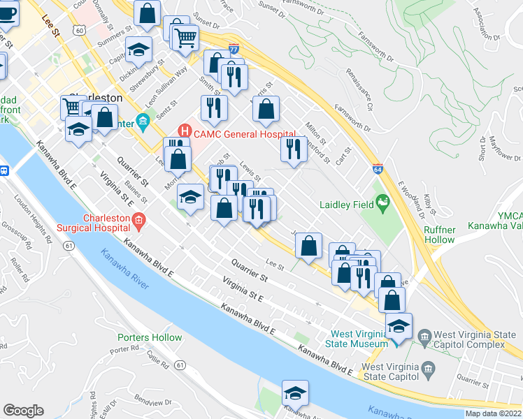 map of restaurants, bars, coffee shops, grocery stores, and more near 1429 Jackson Street in Charleston