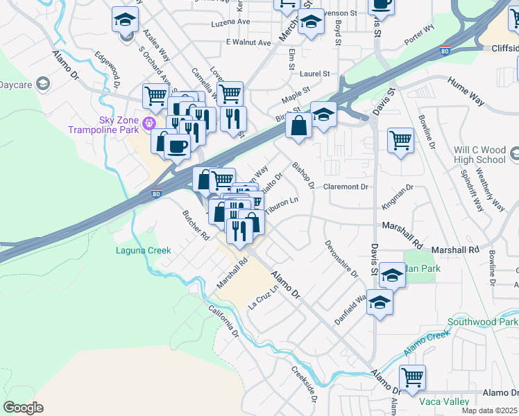 map of restaurants, bars, coffee shops, grocery stores, and more near 321 Ogden Way in Vacaville