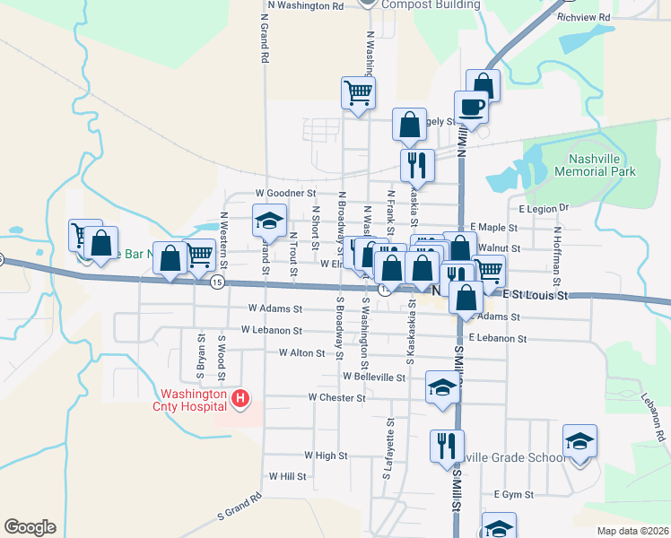 map of restaurants, bars, coffee shops, grocery stores, and more near 175 North Broadway Street in Nashville