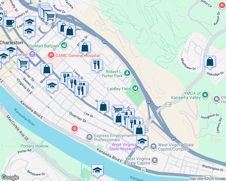 map of restaurants, bars, coffee shops, grocery stores, and more near 712 Thompson Street in Charleston