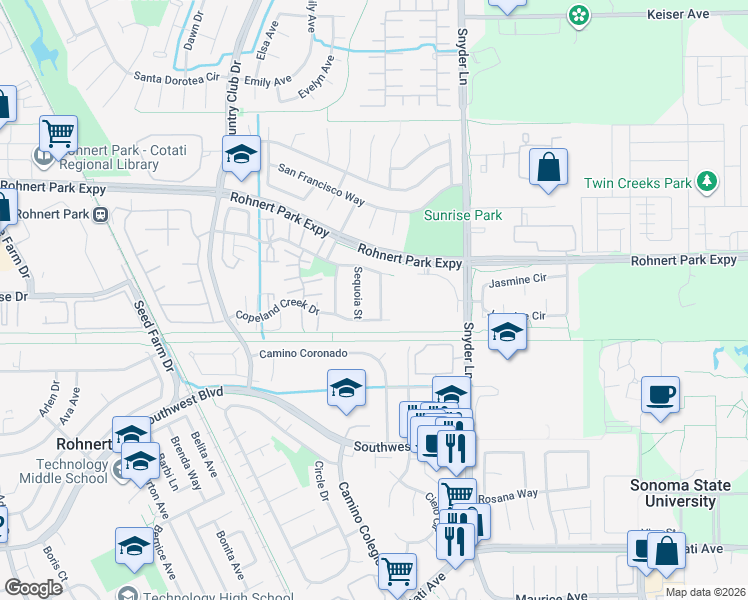 map of restaurants, bars, coffee shops, grocery stores, and more near 6463 Jacaranda Street in Rohnert Park