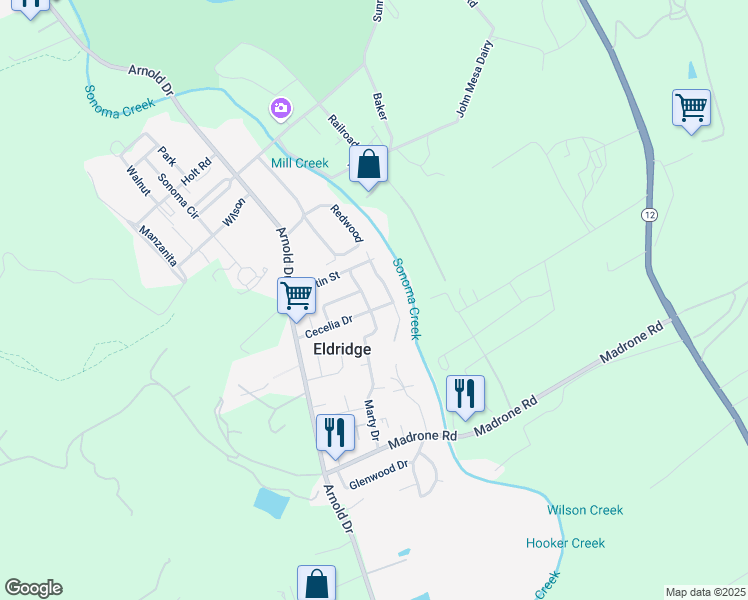 map of restaurants, bars, coffee shops, grocery stores, and more near 15157 Marty Drive in Glen Ellen