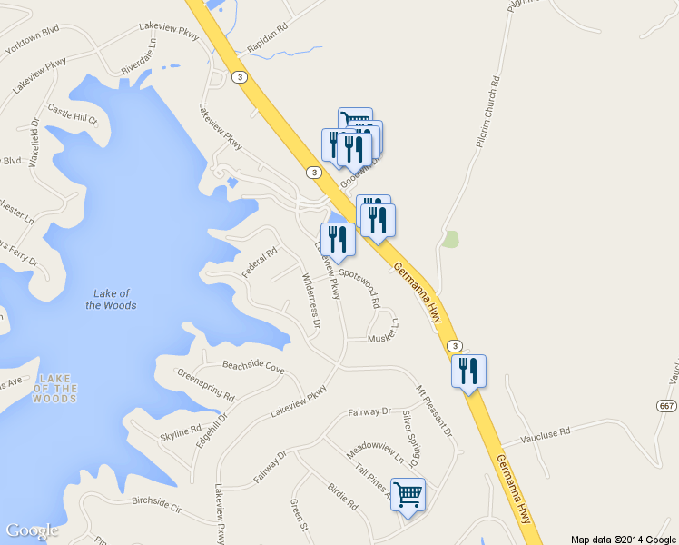 map of restaurants, bars, coffee shops, grocery stores, and more near 211 Spotswood Road in Locust Grove