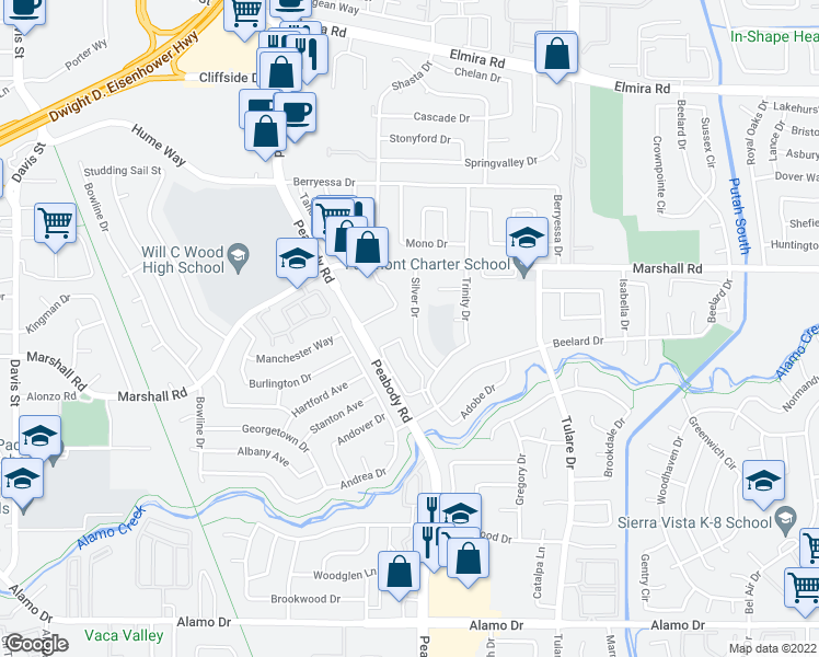 map of restaurants, bars, coffee shops, grocery stores, and more near 550 Silver Drive in Vacaville