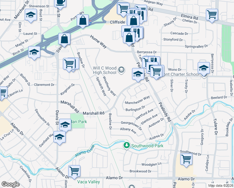 map of restaurants, bars, coffee shops, grocery stores, and more near 385 Weatherly Way in Vacaville