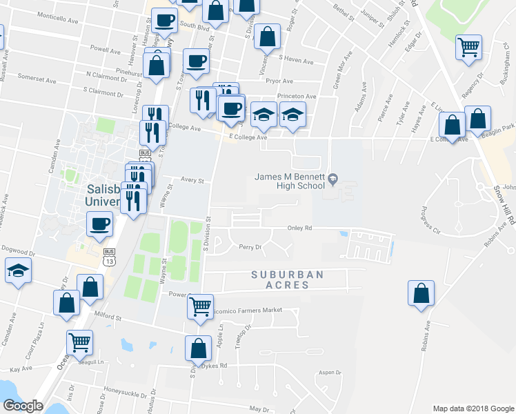 map of restaurants, bars, coffee shops, grocery stores, and more near 134 Cedar Crossing in Salisbury